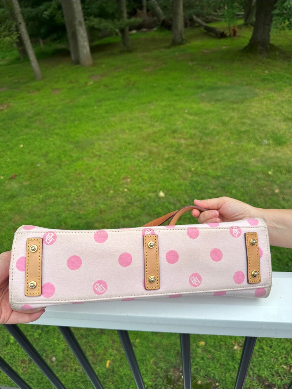 Dooney & Bourke East/West Pink Polka Dot Tote Bag with Tan Straps - Picture 8 of 15